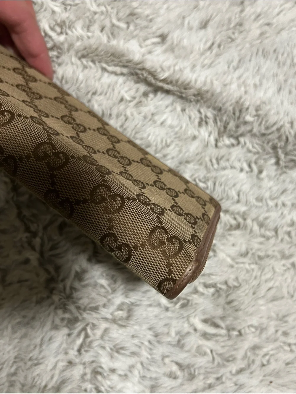 Gucci Continental Brown Monogram Zip Wallet with Metalic gold trimming